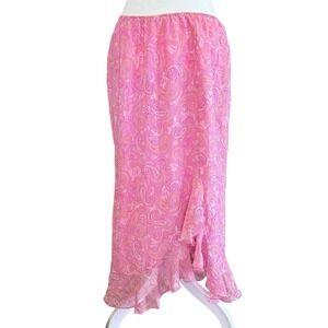 Vintage Y2K Paisley Ruffle Midi Skirt Size 10 S/M Fairy Asymmetrical Pink